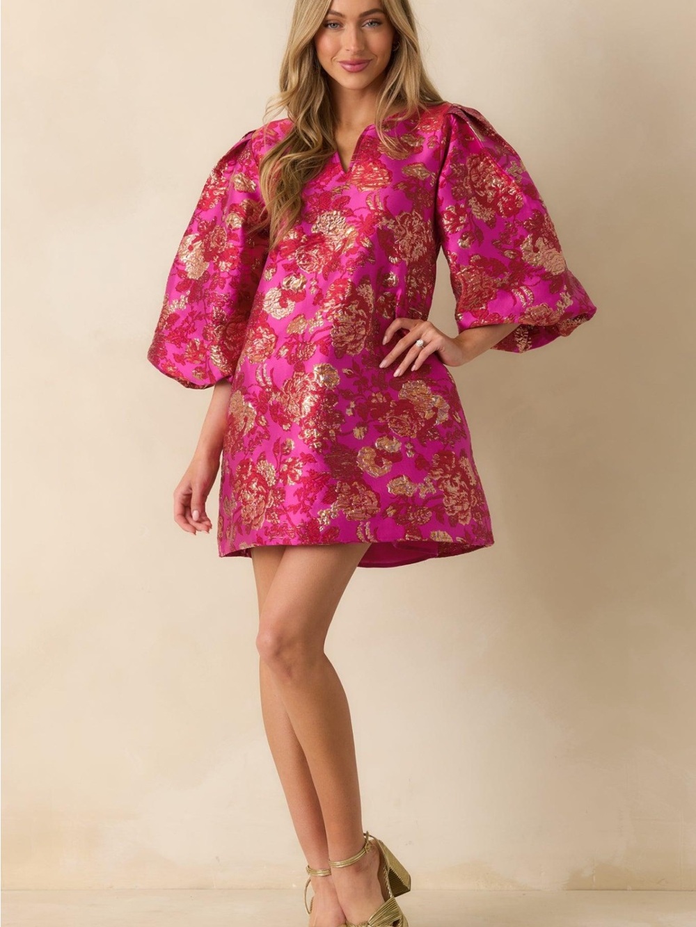 JODIFL Hot Pink and Gold Brocade Puff-Sleeve Mini Dress
